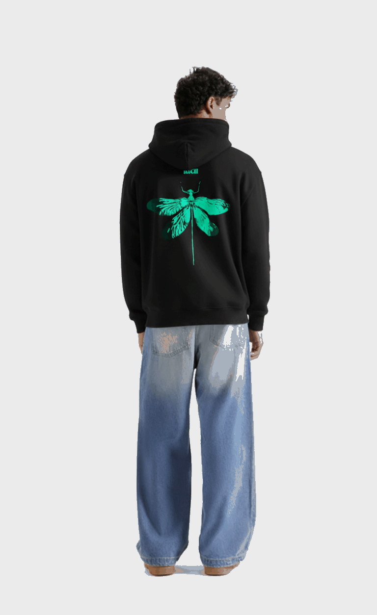 Black Green Dragonfly Puffed Print Premium Hoodie (Unisex)