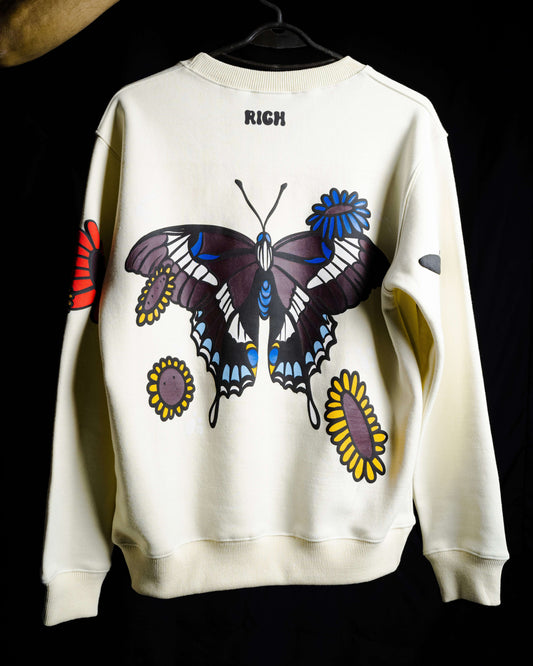 Jenzy Rich White Butterfly Puffed Print Premium Sweatshirt